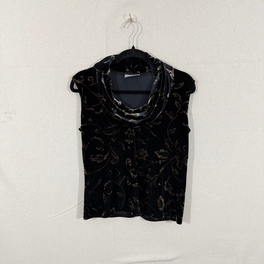 Kathie Lee Collection Womens Black Gold Velvet Floral Cowl Neck Tank Top L